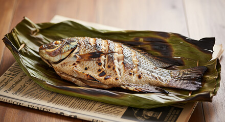 Grilled fish presented on a banana leaf, on top of newspaper, a wooden table background, showcasing delicious and authentic cuisine for food photography.