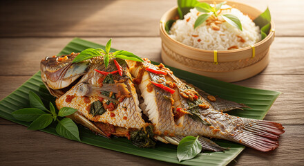 Grilled tilapia fish with chili sauce and basil leaves, presented on a banana leaf with a side of white rice in a bamboo steamer, on a wooden table.