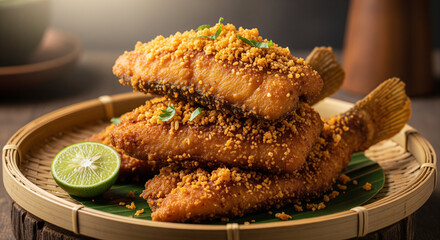 Fried fish fillets with sprinkled crumbs, garnished with parsley and lime, stacked on a bamboo plate, served on a wooden table in a restaurant, ready to be enjoyed.