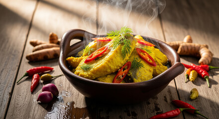 Fish curry in a bowl, garnished with red chilies and dill, with steam rising, and turmeric roots on a rustic wooden table.
