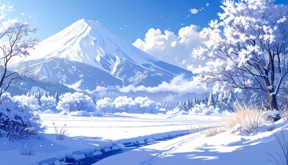 Anime-style landscape snow-covered mountain scene