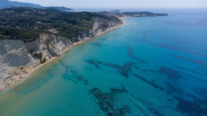 Fototapeten Mediterranes Europa Cape Drastis, Corfu Island, Greece — Aerial Drone Shot of Cliffs and Blue Ionian Sea  © Ruslan