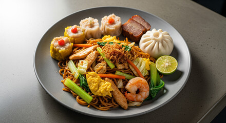 Noodles stir fry with shrimp, chicken, vegetables, dumplings, bao bun, and pork, served on a gray plate against a gray background, studio shot, close up.