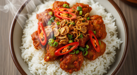 Spicy Chicken with rice, garnished with red chili pepper slices, fried onions, and scallions, served in a ceramic bowl with rising steam.