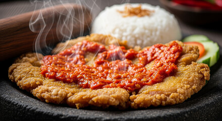 Fried chicken cutlet covered with red chili sauce, served with white rice, cucumber, and tomato slices on a dark plate, with steam rising, close up view.