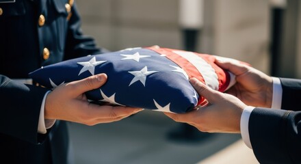 Solemn Honor: Folded American Flag Presented by Military Personnel in Dress Uniform