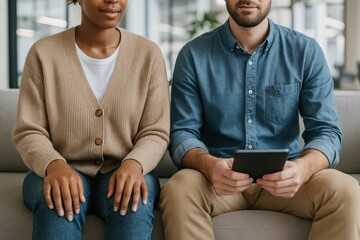  Waiting for an Interview. Diverse job candidates, a man and a woman, sit nervously on a sofa while waiting for a job interview in an office.