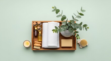 Spa-Themed Still Life: Eucalyptus, Towels, Oils, Candle, and Relaxation Essentials.