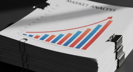 Stack of Market Analysis Reports with Upward Trend Bar Chart and Red Arrow