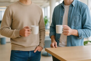  Office Coffee Break. Two male colleagues enjoy a coffee break together, holding mugs and having a casual conversation in a modern office.