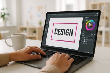 Graphic Designer at Work. A graphic designer works on a laptop, using a digital pen and tablet to create a logo. Creative process and branding concept.