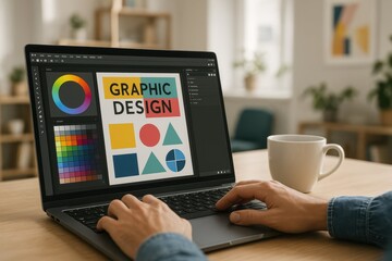 Graphic Designer at Work. A graphic designer works on a laptop, using a digital pen and tablet to create a logo. Creative process and branding concept.