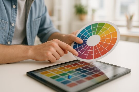 A graphic designer's hands selecting a color from a color wheel, matching it with a digital palette on a tablet. Creative process.