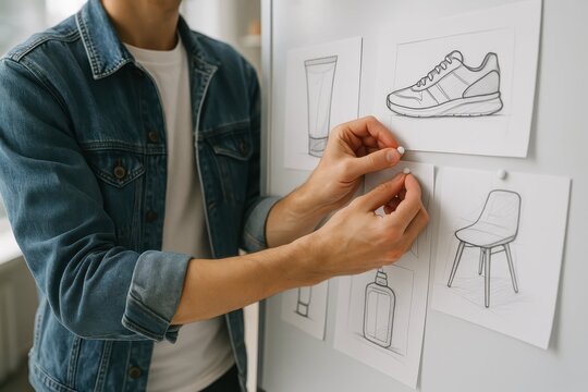  Product Designer's Mood Board. A product designer pins sketches of various consumer products, like a shoe and a chair, onto a whiteboard, creating a mood board.