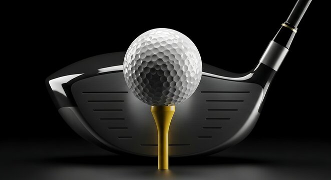 A close up studio shot of a golf ball perched on a wooden tee in front of a driver club head against a dark background emphasizing texture and detail