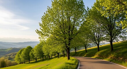 Scenic Road Through Lush Green Landscape in Spring.