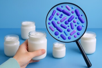 Hand holds creamy probiotic yogurt, a magnifying glass revealing diverse blue and purple beneficial gut bacteria on a clean blue background, signifying gut health and wellness