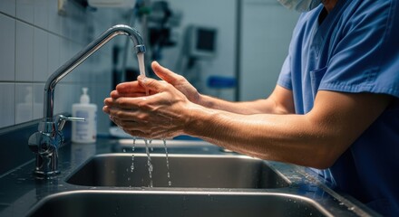 Surgeon Washing Hands Under Running Water, Hygiene, Medical Procedure, Healthcare.