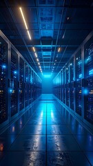 A long, symmetrical perspective reveals a data center hall with rows of server racks illuminated by blue and gold lights. A tiled floor extends
