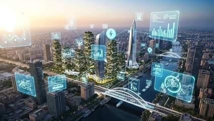 Futuristic cityscape with connected displays, showcasing data and green buildings. Smart city concept - Powered by Adobe