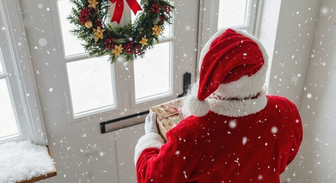 Santa Claus with a gift box stands at the front door decorated with a Christmas wreath, rear view