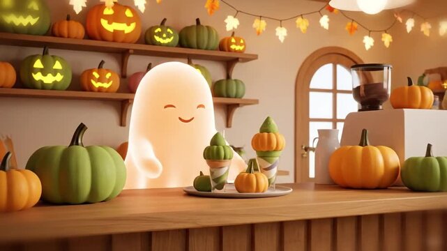 cozy kawaii 3d cafe filled with pumpkins in matcha green and pastel orange tones, ghost baristas serving matcha pumpkin parfaits beneath leaf shaped fairy lights, warm aesthetic halloween scene