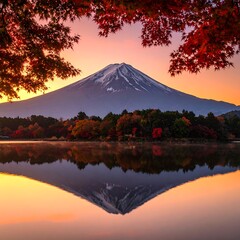 Fototapeta premium A majestic snow-capped mountain stands tall over a tranquil lake, reflecting an autumn landscape. A vibrant sunrise paints the sky and the water