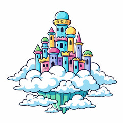 Fototapeta premium Whimsical Floating Cloud Castle Illustration with Vibrant Fantasy Architecture and Serene Sky Background, Capturing a Dreamlike Mystical Utopia Scene