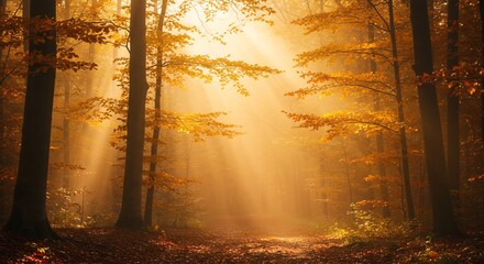 鮮やかな黄金色に輝く秋の森 深く差し込む光の筋が神秘的な小道を優しく包む. AI Generated