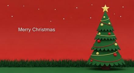 Merry christmas tree with star, ornament and grass on red background with snow flakes
