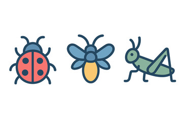 Stylized colorful set of three insect characters including a ladybug, a firefly, and a grasshopper