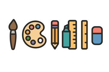 Essential art and school supplies set including paintbrush, color palette, pencil, and ruler