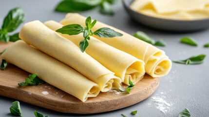 Freshly Rolled Crepes on a Wooden Board with Basil Garnish, Delicious Dessert or Breakfast, Close-Up Food Photography, Simple and Elegant Presentation