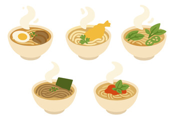 Set of five steaming bowls with different ramen or noodle soup toppings