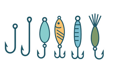 Set of fishing lures and hooks icons in modern flat style