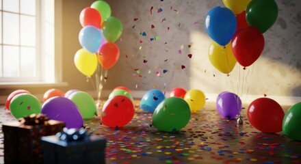 Vibrant Balloons and Confetti Scatter Across a Sunlit Room, Evoking Joyful Celebration