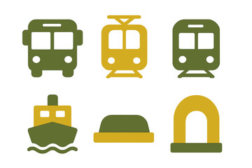 Public transportation and travel icons featuring bus, tram, subway, and boat symbols