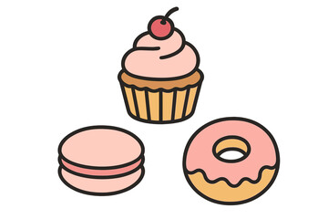 Assortment of pink frosted sweet pastries including cupcake, donut, and macaron