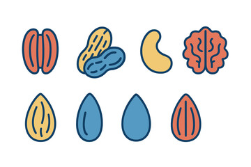 Set of various healthy nuts and seeds icons for nutrition concepts