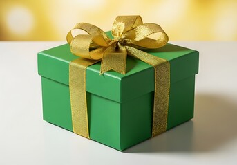 Green Gift Box with Gold Ribbon - A Festive Present.
