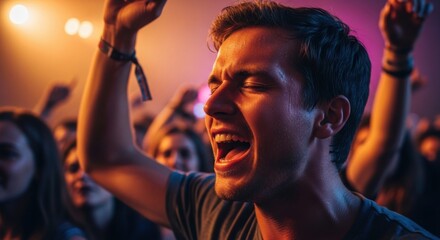Vibrant Concert Energy: Young Man's Euphoric Expression Under Colorful Stage Lights