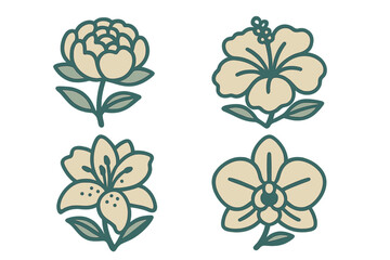 Four decorative floral icons featuring tropical and garden blossoms in a vintage tattoo style
