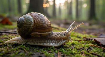 Snail on Moss in Forest - A Close-Up of Natures Pace.