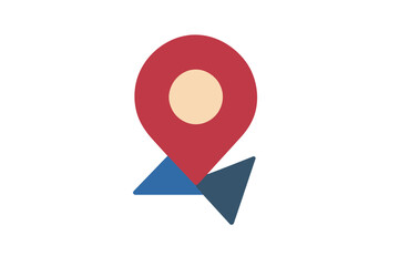 Fototapeta premium Minimalist red map pointer icon over abstract blue geometric shapes for navigation and travel