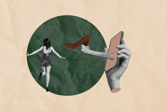 Pop template collage of person sit near phont hold shoes on pastel background