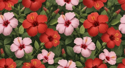Vibrant Hibiscus Bloom Pattern: Red and Pink Flowers with Lush Green Foliage