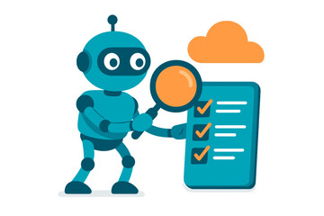 Blue robot character checking a completed task list with a magnifying glass next to a cloud symbol