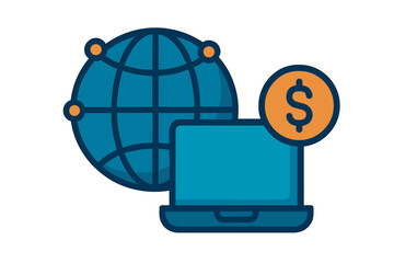 Global financial transaction showing laptop, dollar coin, and worldwide network connection