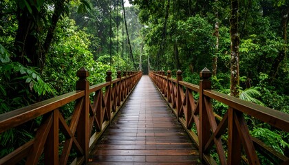 A long, wooden bridge winds through a dense, vibrant green rainforest canopy, creating a path