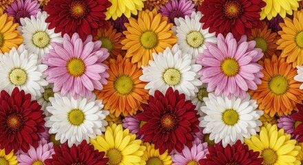 Vibrant Mixed Daisy-Like Flowers: Cheerful, Dense, Full-Frame Floral Pattern with Rich Colors and Soft Lighting